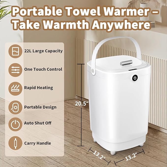 Towel Warmers for Bathroom Bucket，Luxury Large Spa Towel Hot Warmer Bucket Style-Hot Towels in 10 Minutes-Fits Up to Two 40"x70" Oversized Towels - Bathrobe, Towel, Blanket-White