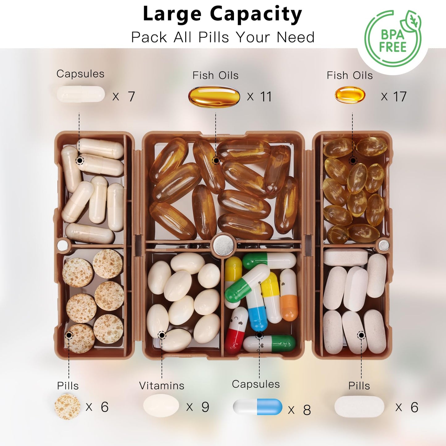 FYY Daily Pill Organizer,2 Pcs 7 Compartments Portable Pill Case Travel Pill Organizer,[Folding Design] Pill Box for Purse Pocket to Hold Vitamins,Cod Liver Oil,Supplements and Medication-Brown