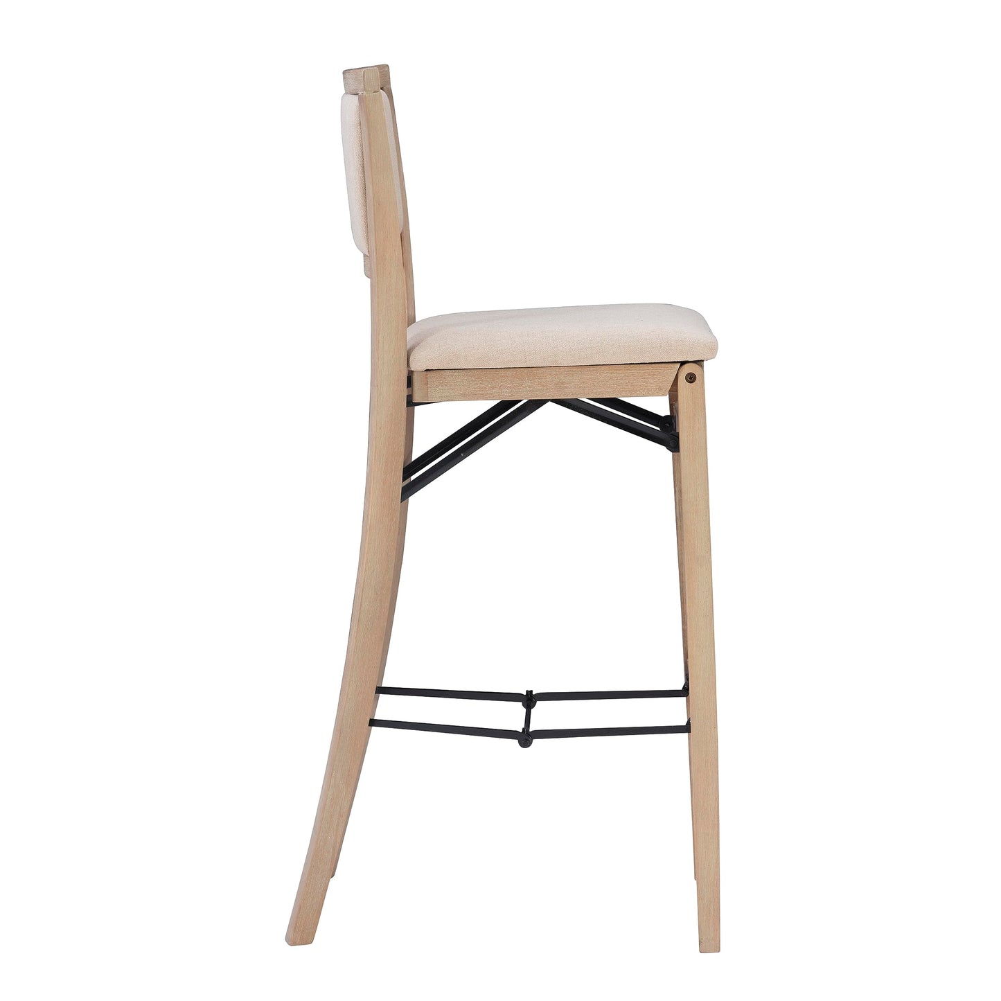 Linon Keira Natural Rustic Wooden Folding Barstool with Beige Upholstered Seat and Back