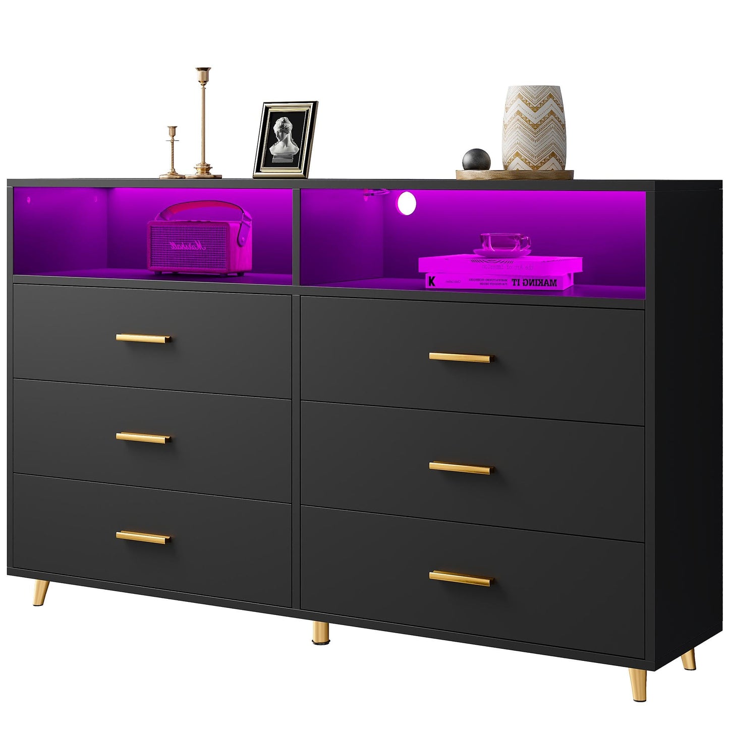 Black Dresser with LED Lights, Wood Dresser for Bedroom with 6 Wide Large Drawers,2 Open Shelves Top, Elegant Chest of Drawers for Clothes Storage Living Room Hallway Entryway, 47.2" W