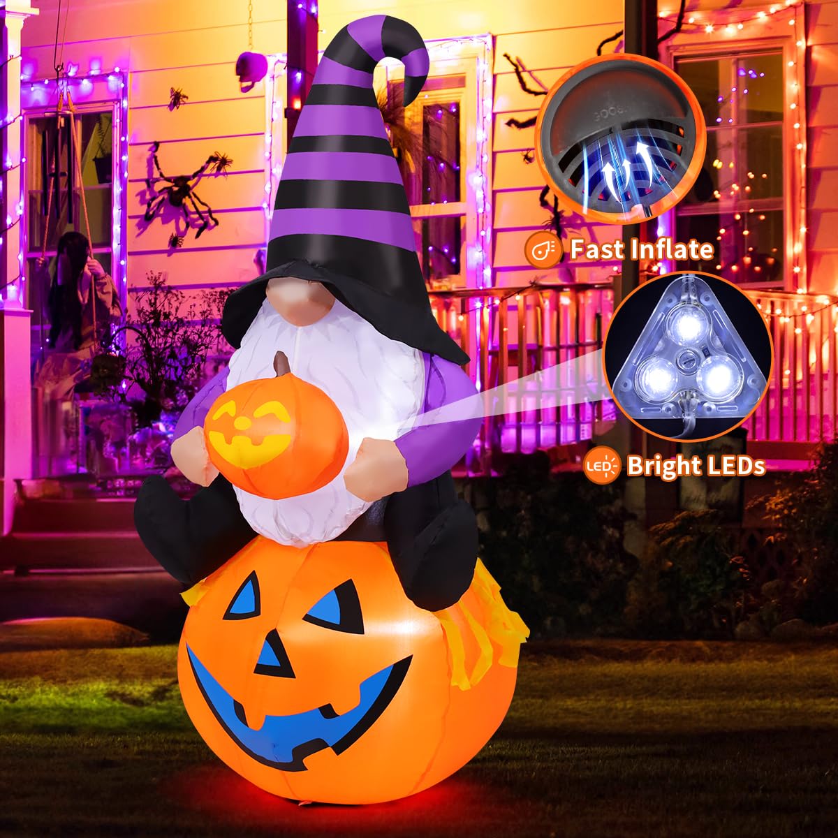 GOOSH 5 FT Halloween Gnome Inflatable with Pumpkin Outdoor Decorations Gnome Blow Up Yard Built-in LEDs for Garden Lawn Indoor Party Decor