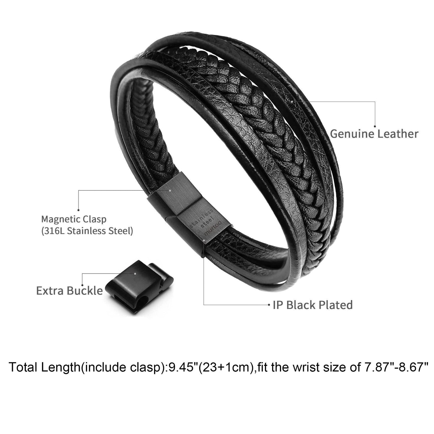 murtoo Mens Leather Bracelet with Clasp Cowhide Multi-Layer Braided Leather Mens Bracelet