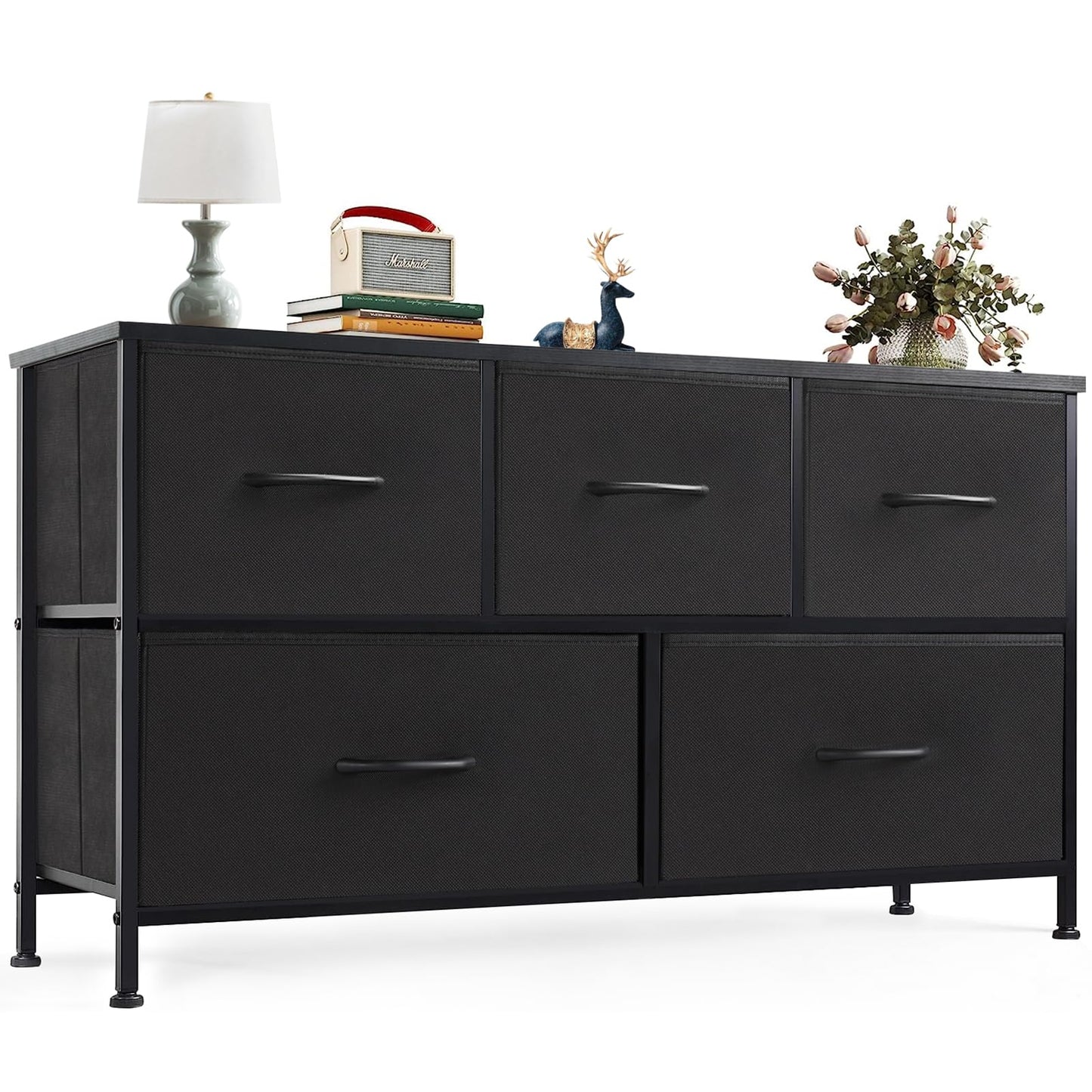 OLIXIS Dresser for Bedroom with 5 Drawers, Wide Chest of Drawers, Fabric Bedroom Dresser with Drawer Organizer, Storage Organizer Unit with Fabric Bins for Closet, Living Room, Hallway, Classic Black