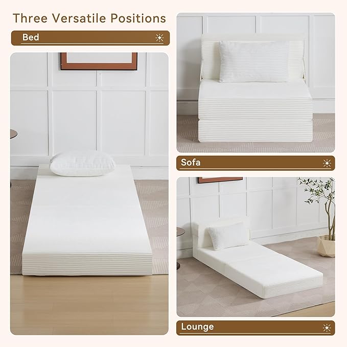 WUTUTUEE Folding Sofa Bed Convertible Floor Couch Foldable Chair Bed with Pillow，Linen Sleeper Chair Futon,Foldable Memory Foam Mattress for Bedroom/Living Room/Dorm/Office (Corduroy White, Single)