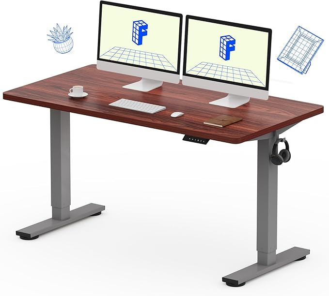 FLEXISPOT EN1 One-Piece Standing Desk, 55 x 28 Inches Electric Height Adjustable Stand Up Desk for Workstation (Silver Frame + Mahogany Top, 2 Packages)