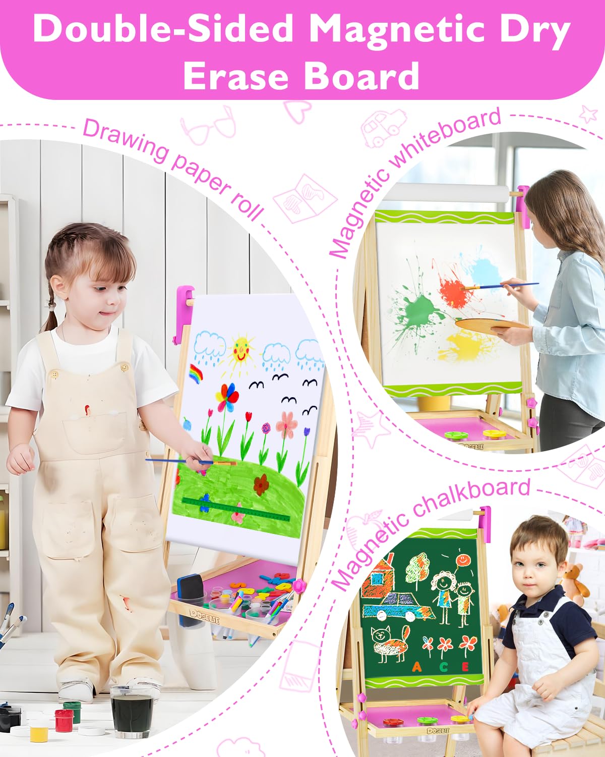 Easel for Kids,Wooden Toddler Art Easel,Kid Toys for Ages 5-7 8-13,3 4 5 6 7 8 9 Year Old Boy Girl Birthday Gifts,Double-Sided Magnetic Dry Erase Whiteboard and Chalk Board with Art Supplie Paper Roll