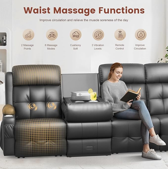 Aotolo Recliner Sofa, Massage Reclining Sofa 4 Seater Sets Heavy Weight Capacity, RV Loveseat Couch Clearance with Flip Back Console, Storage, Cup Holders, Wall Hugger Reclining Couch for Living Room