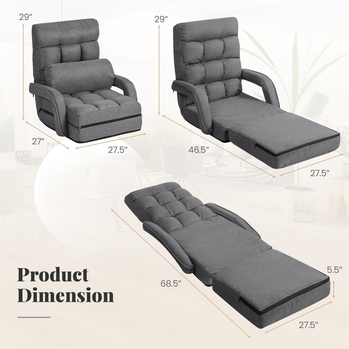 Giantex Folding Floor Chair with 6-Position Adjustable Backrest, Armrests & Removable Pillow, 330Lbs Capacity, Indoor Lazy Sofa Armchair, Chaise Lounger, Gaming Recliner for Living Room Bedroom, Grey