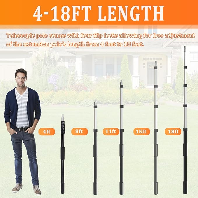 26FT Reach Telescoping Extension Pole, 4-18FT Multi-Purpose Extendable Pole with Universal Twist-on Metal Tip, Lightweight Sturdy Aluminum Paint Roller Extension Pole for Dusting Painting Cleaning
