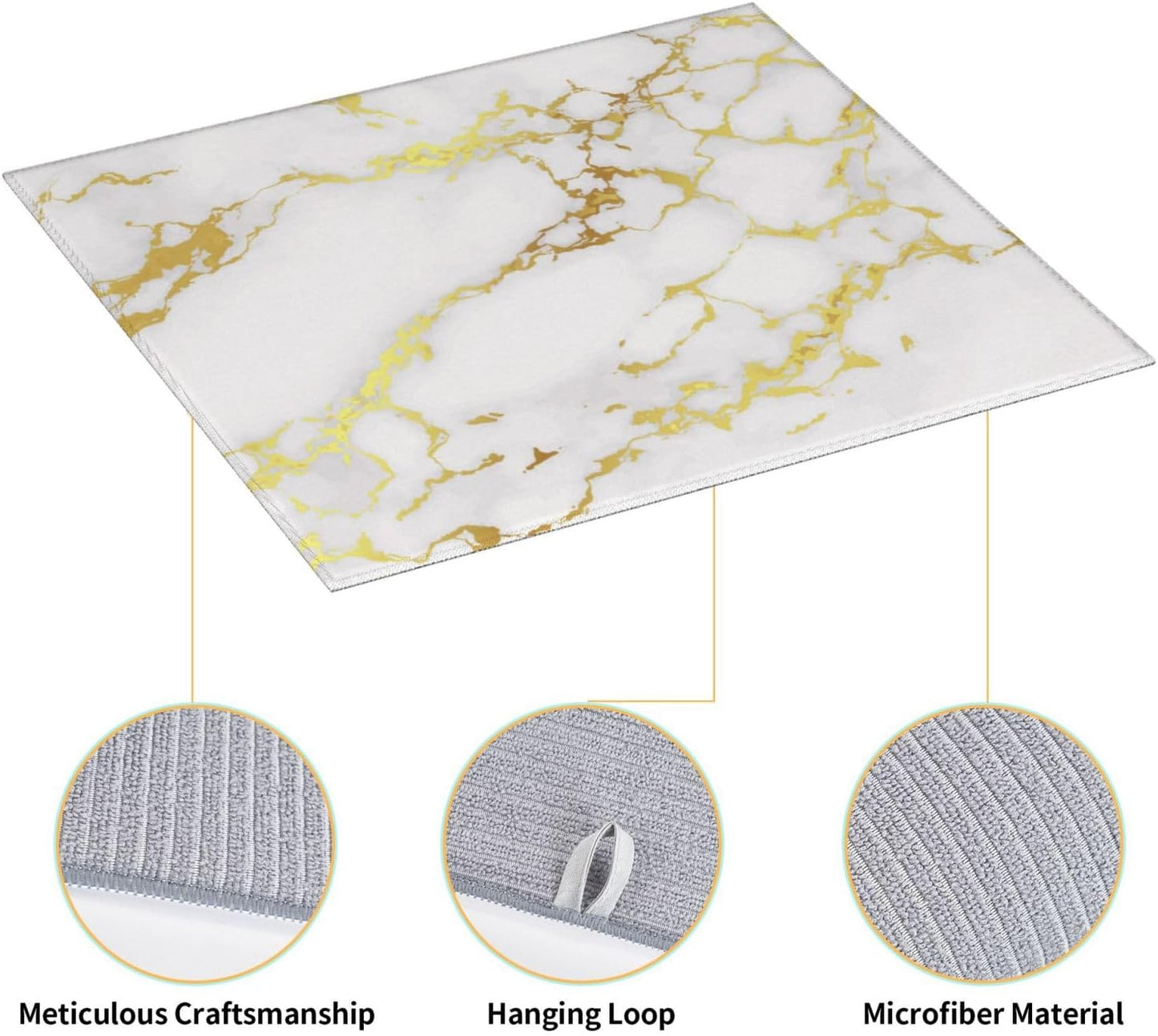 Dish Drying Mat White Golden Marble Nature for Kitchen Counter Absorbent Dishes Drainer Microfiber Small 16x18 Inch