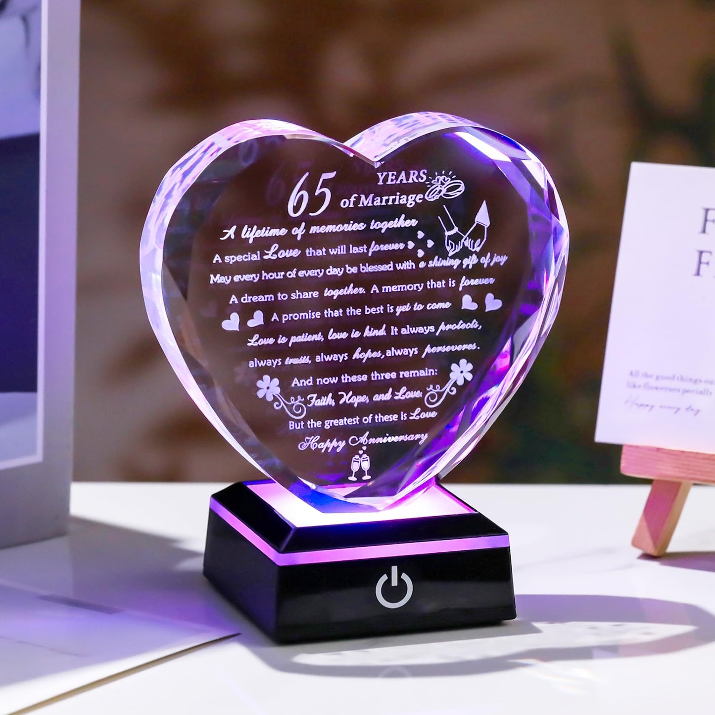 Happy 65th Wedding Anniversary Crystal Gifts for Couples Parents with Light Base, Romantic Heart 65th Anniversary Keepsake Gifts for Her Him, 65 Years of Marriage Gift for Wife Husband