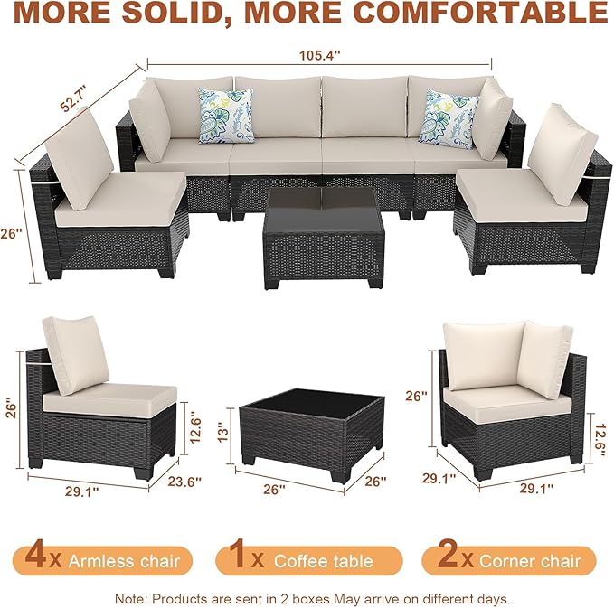 Ophelian 7 Pieces Outdoor Conversation Sectional Rattan Sofa, Patio Furniture Set, with Wicker and Cushions for Garden and Backyard, (Brown/Beige)
