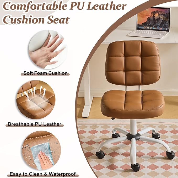 VINGLI Compact Small Desk Chair, Cute Armless Chair with Wheels, Vanity Chair with Low Back, Height Adjustable Task Chair for Small Spaces, Office, Bedroom, Make Up Room, PU Leather, Brown