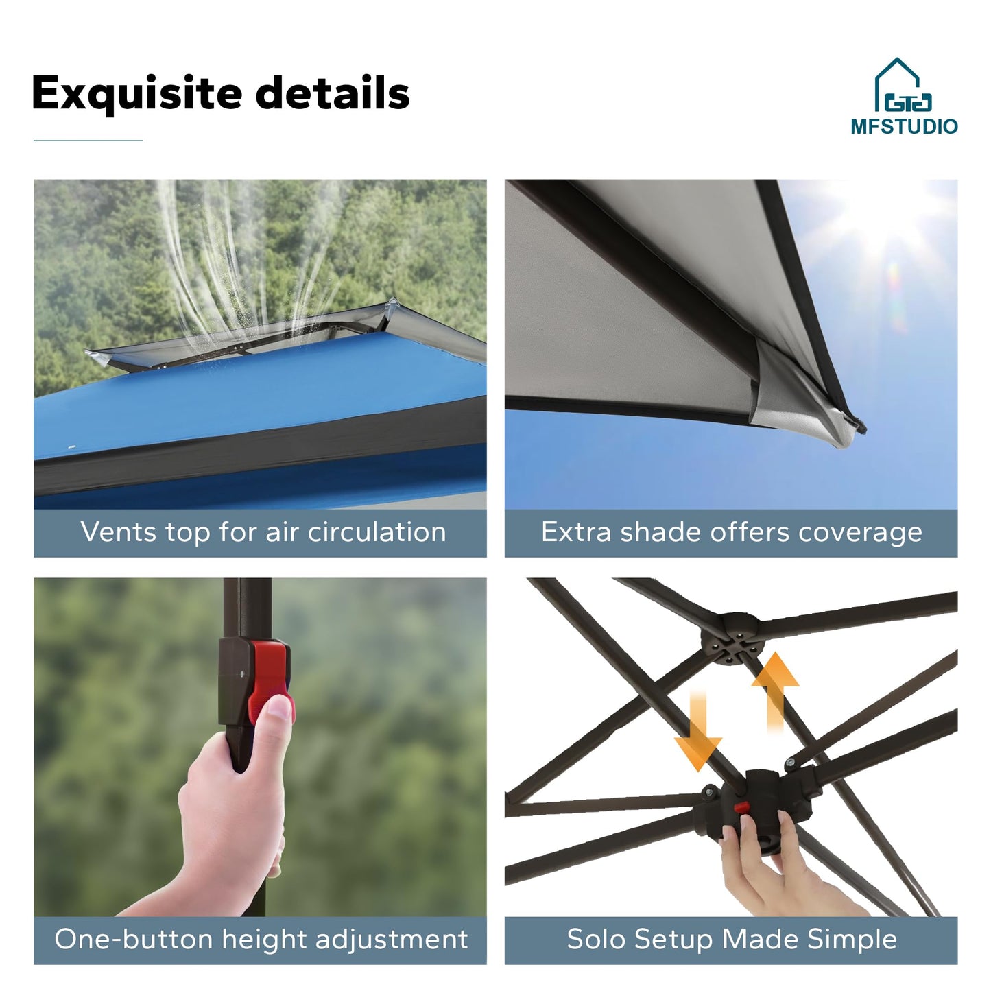 MFSTUDIO 13x13 1-Person Setup Pop Up Canopy Tent, Double-Tier Top Outdoor Instant Portable Shelter, Straight Legs, 169 sq.ft Large Sun Protection Shade, Blue