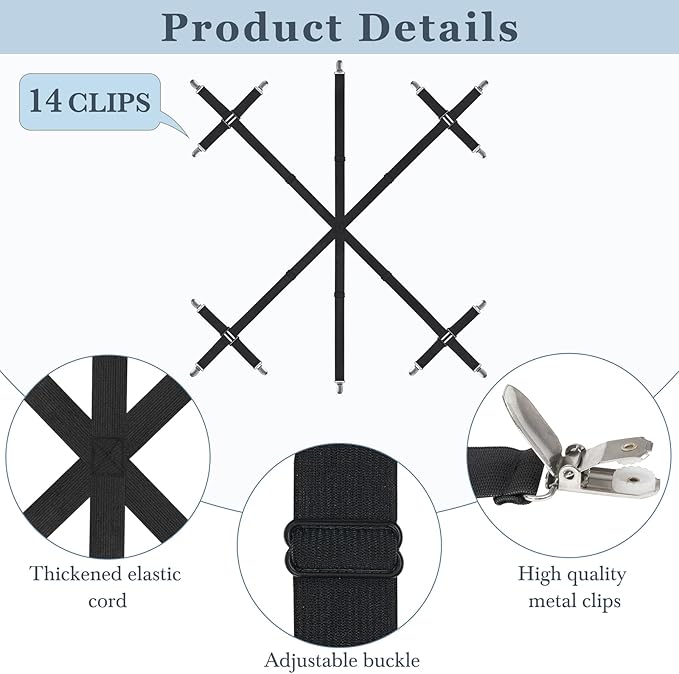 Mkono Bed Sheet Straps Fitted Sheet Clips Holder Keep Sheets Firm & Tight 6 Way Cross 14 Clips Sheet Suspenders for King Queen Twin Bed Round Square Mattresses Dorm Room Essentials, Black