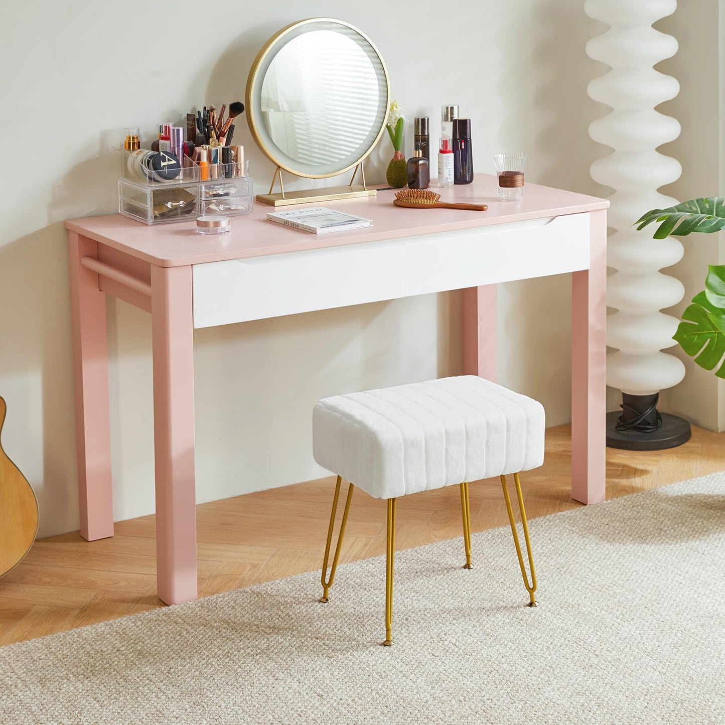 IBUYKE Velvet Rectangular Footrest Stool Ottoman, Makeup Vanity Stool Side Table, Velvet Dressing Table Seat, Pouf Couch Stool, Golden Steel Legs, White LG-51W