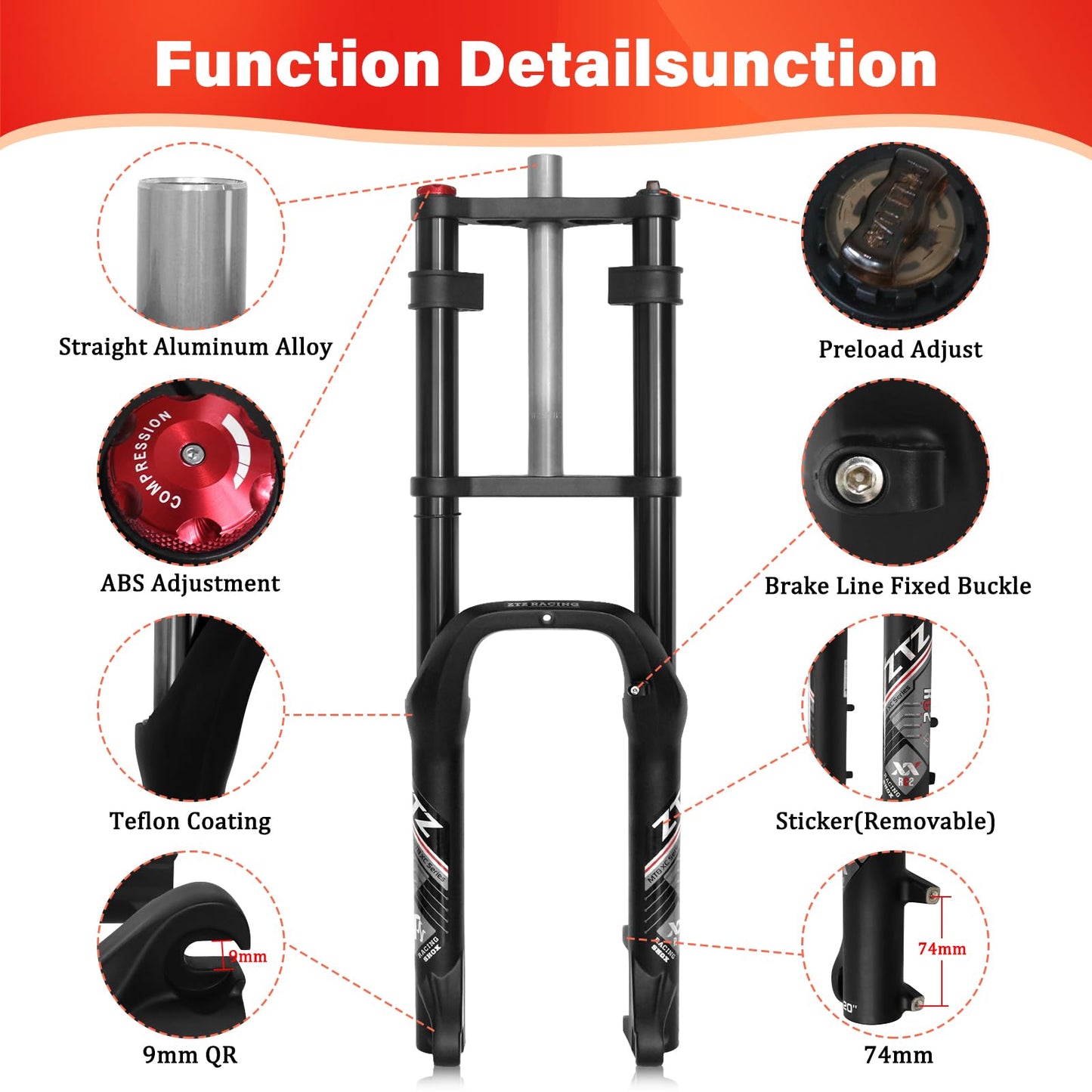 ZTZ 20 * 4.0 inch Fat Tire Oil Spring Suspension Fork - 180mm Travel, 135mm Spacing Hub, 9mm QR, Double Crown Shock Front Fork, Fit for Fat Snow Beach Ebikes
