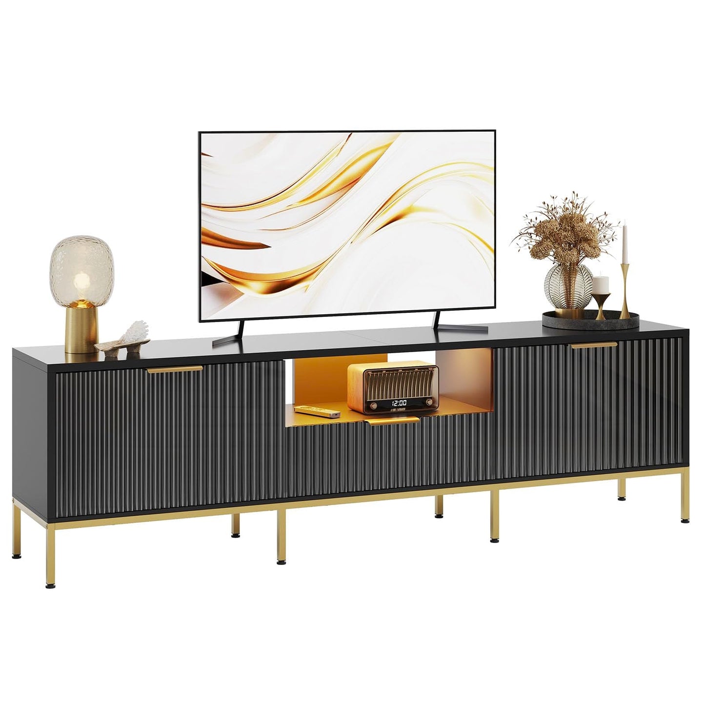 Bestier 70” Fluted TV Stand with LED Lights, Black TV Stand for TVs Up to 80", Modern Entertainment Center with Storage, TV Console, Media Console for Living Room Bedroom