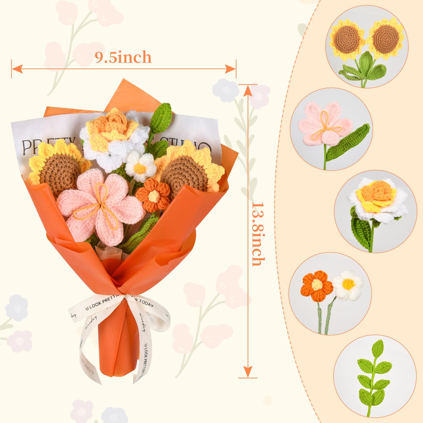Gouraml Crochet Flower Bouquet Handmade Crochet Flowers Gifts, Crochet Tulips Sunflowers Roses 7Pcs for Mothers Day Weddings Birthdays Home Decor Ideal for Women Moms Wife Friends(Orange)