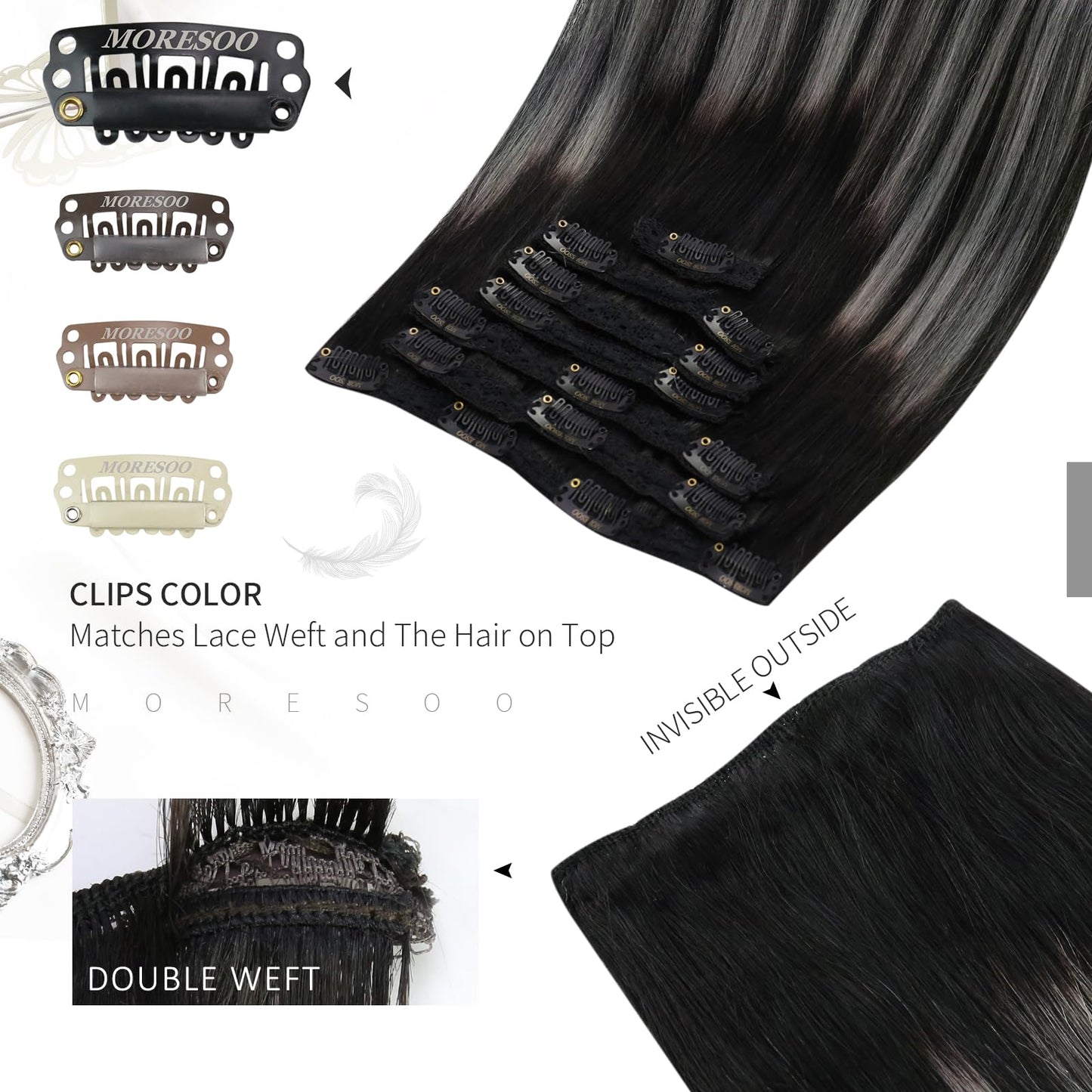 Moresoo Clip in Hair Extensions Black Ombre Grey Remy Double Weft Hair Extensions Clip ins Real Human Hair Balayage Black and Si
