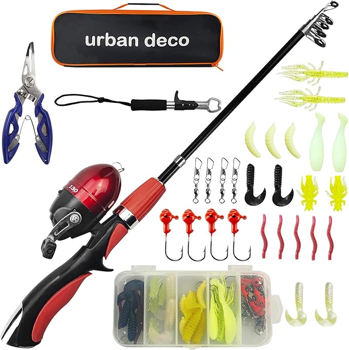 Urban Deco Kids Fishing Pole Set Portable Telescopic Kids Fishing Rod and Reel Combo Kit with Tackle Box for Beginners, Bo...