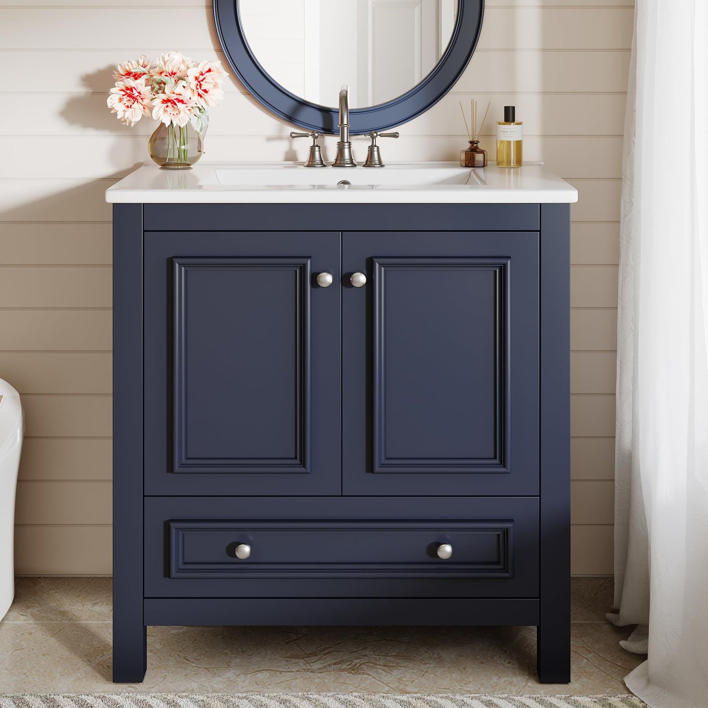 Tribesigns Modern Bathroom Vanity with Sink, Freestanding Bathroom Vanities Cabinet with Ceramic Basin Combo, Bathroom Sink Cabinet with 2 Doors and 1 Drawer, Solid Wooden Frame (Navy Blue, 30 INCH)