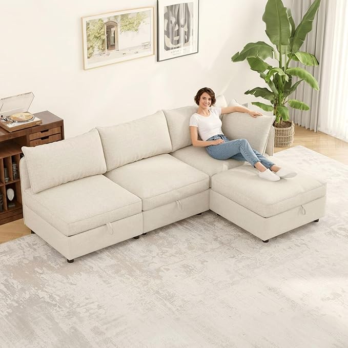 FIRLZY Modular Sectional 4 Seater Sofa with Removable Covers and Storage, Convertible L-Shaped and Sleeper Sectional, Modern Upholstered Couch with Removable Ottoman for Living Room, Beige