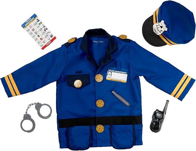 Melissa & Doug Police Officer Costume Dress-Up Set for Kids (8-Piece) – Pretend Play Uniform with Badge, Hat, Handcuffs & ...