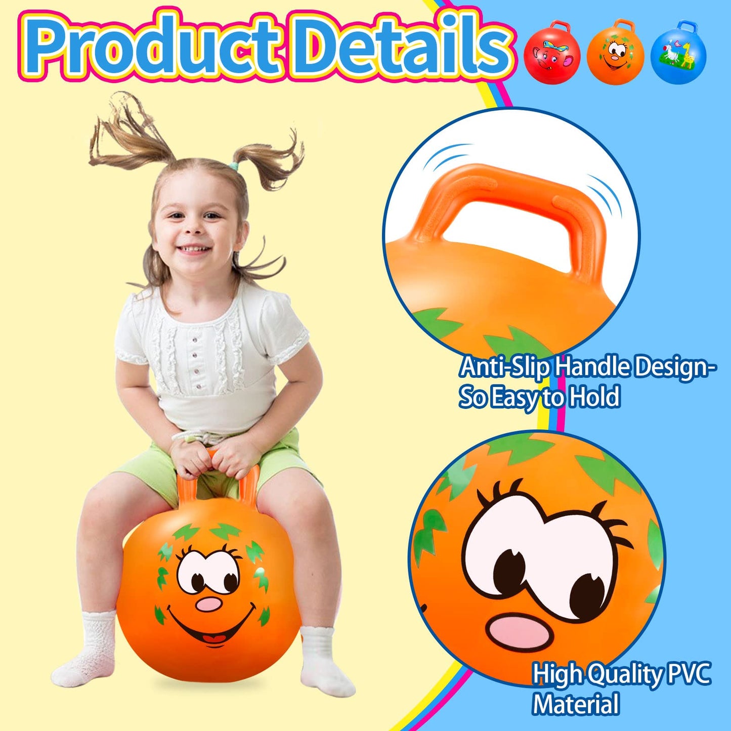 Bouncy Balls with Handle for Kids, Ride On Toys Balls for Kids 3 4-8, 3 Pack Hopper Ball 18 Inch Size with Air Pump for Kids Jumping Sports Ride Games Balance Exercise Indoor Outdoor Fun
