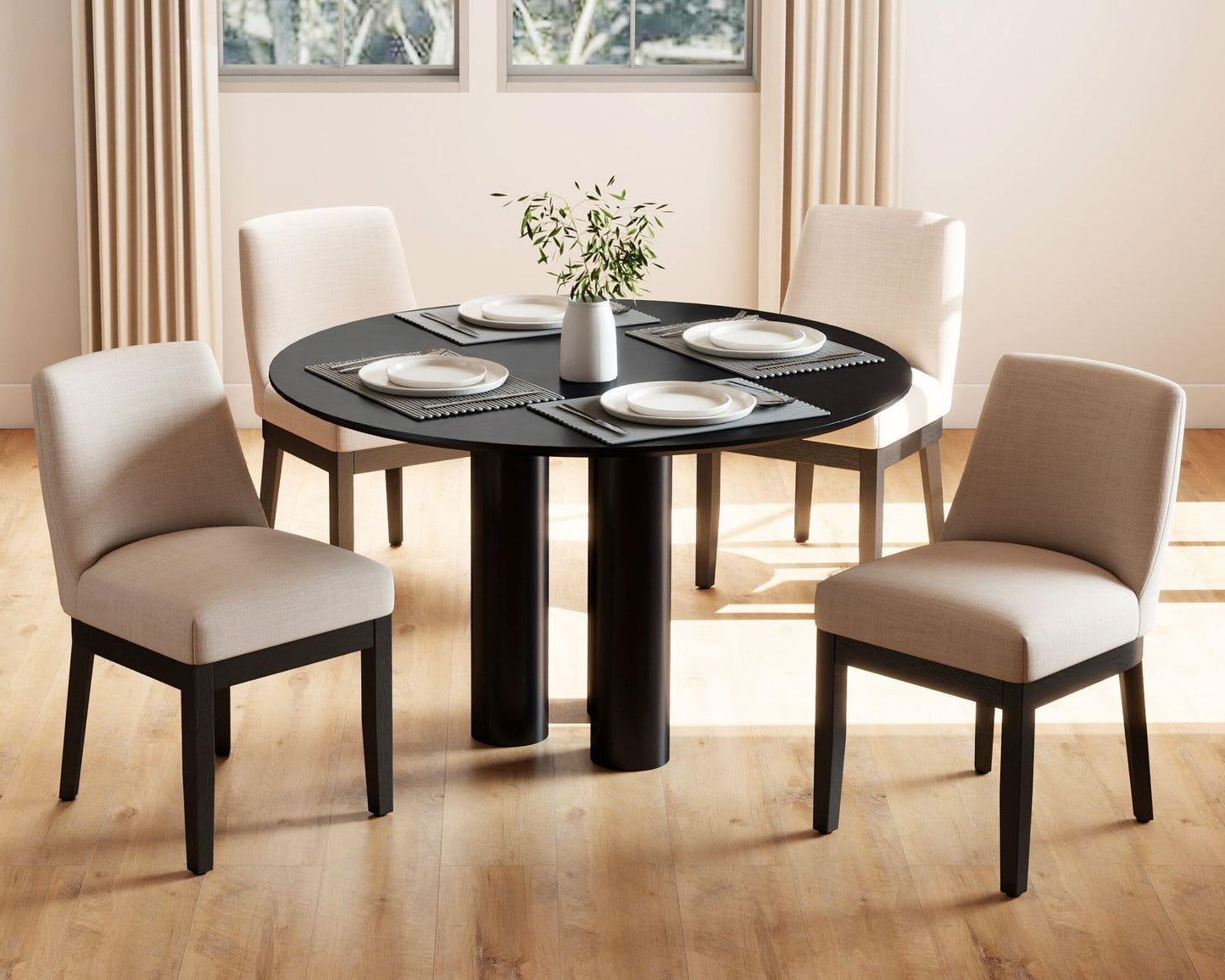 HNY Kitchen & Dining Room Chairs Set of 4, Modern Farmhouse Beige Linen Upholstered Dining Kitchen Chairs with Black Wood Legs, 18’’ Wide Armless Accent Side Chair for Dining Room Living Room