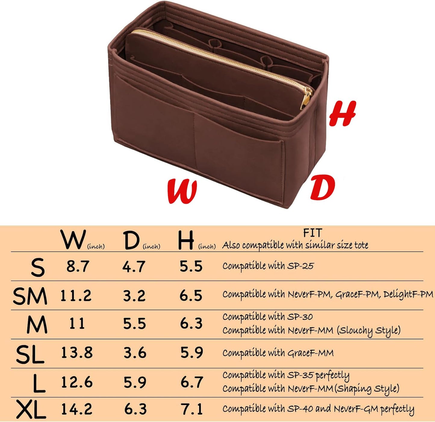 DailyPlus Purse Organizer Insert with Zipper & Key Chain Felt Bag Organizer for Tote Purse Handbag Brown Medium