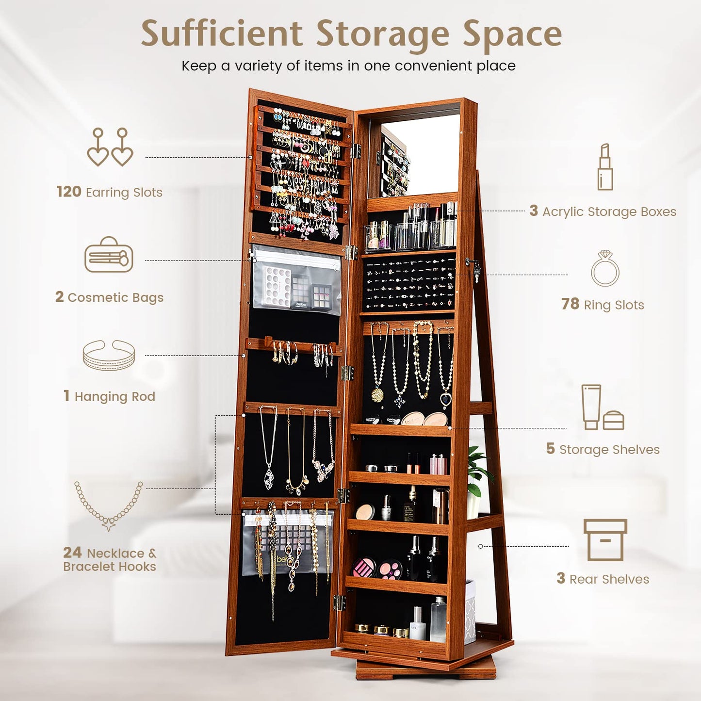 Byroce 360° Rotating Jewelry Organizer, Full Length Mirror with Storage, Lockable Jewelry Cabinet with Inside Makeup Mirror & 3-Tier Rear Shelves, Standing Jewelry Armoire (Walnut)