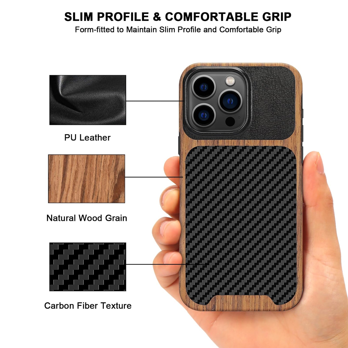 Tendlin Magnetic Slim Case Compatible With Iphone 15 Pro Max Black | Wood Grain, Carbon Fiber Texture Design, Leather, Hybrid, C