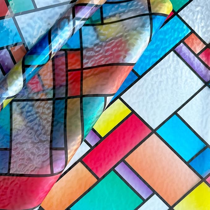 Window Film Privacy Classy Colorful Glazed Tiles Stained Glass Sliding Door Coverings Static Cling Frosted Church Tints Cover Contact Paper Non-Adhesive Heat Control Anti UV Reusble,17.5x78.7in.