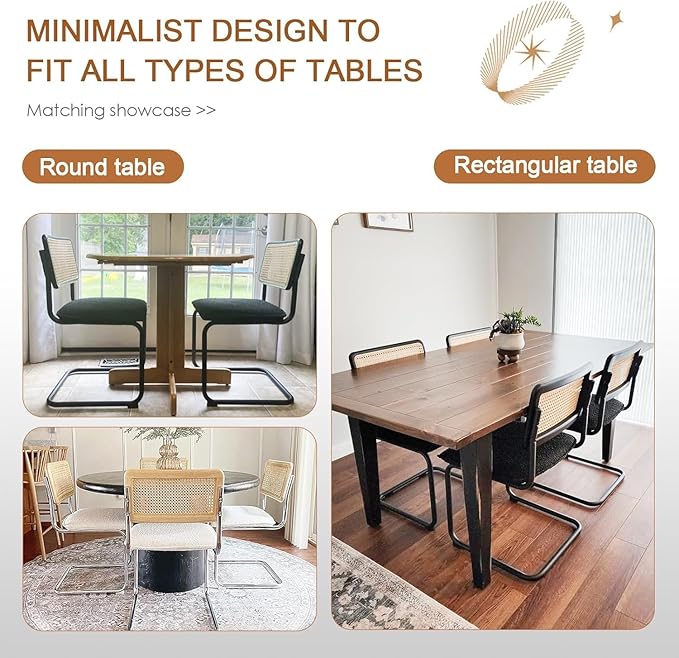 Zesthouse Rattan Dining Chairs Set of 6, Mid Century Modern Dining Chairs with Natural Cane Mesh & Matte Black Base, Black Cesca Chair Boucle Fabric, Farmhouse Kitchen Chair with Solid Wood Frame Back