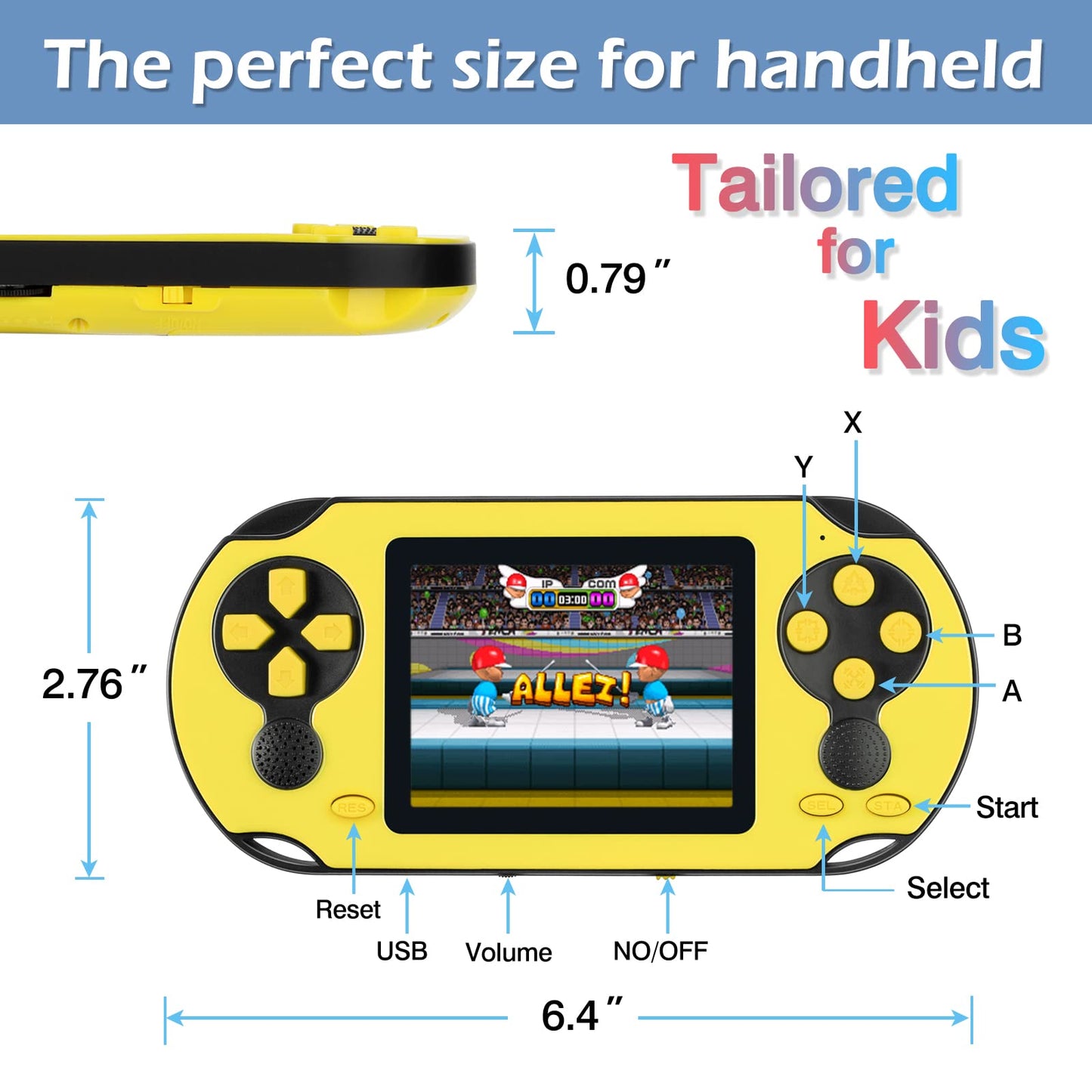 TaddToy 16 Bit Handheld Game for Kids Adults, 3.0'' Large Screen Preloaded 230 HD Classic Retro Video Games with USB Rechargeable Battery & 3 Game Cartridges for Birthday Gift for Kids 4-12 (Yellow)