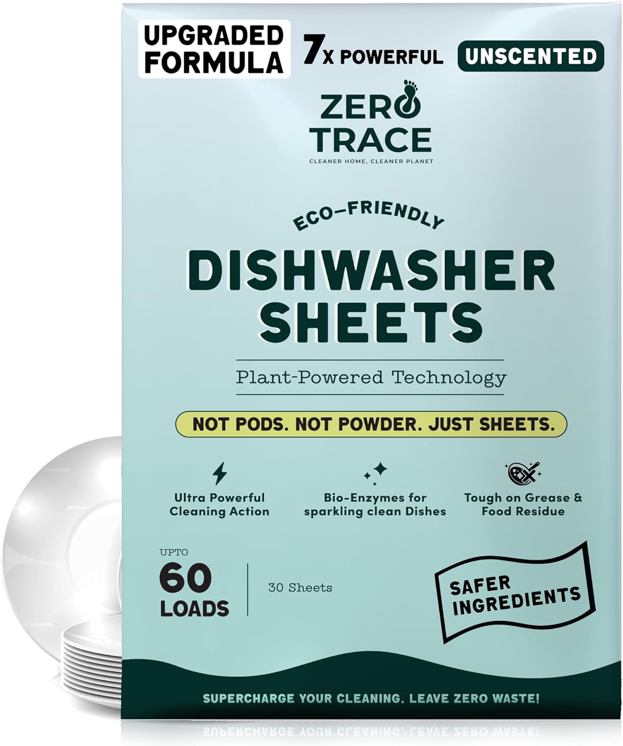 Zero Trace Dishwasher Detergent Eco-Friendly Sheets for Dish Washing - Plant Powered Technology- Unscented- 60 Loads