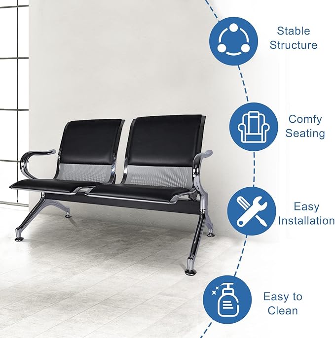 kinbor PU Leather Waiting Room Chairs - Airport Salon Office Waiting Area Reception Chairs Furniture Bench with Arms for Bank, Hospital, Barbershop, Black (Set of 2)