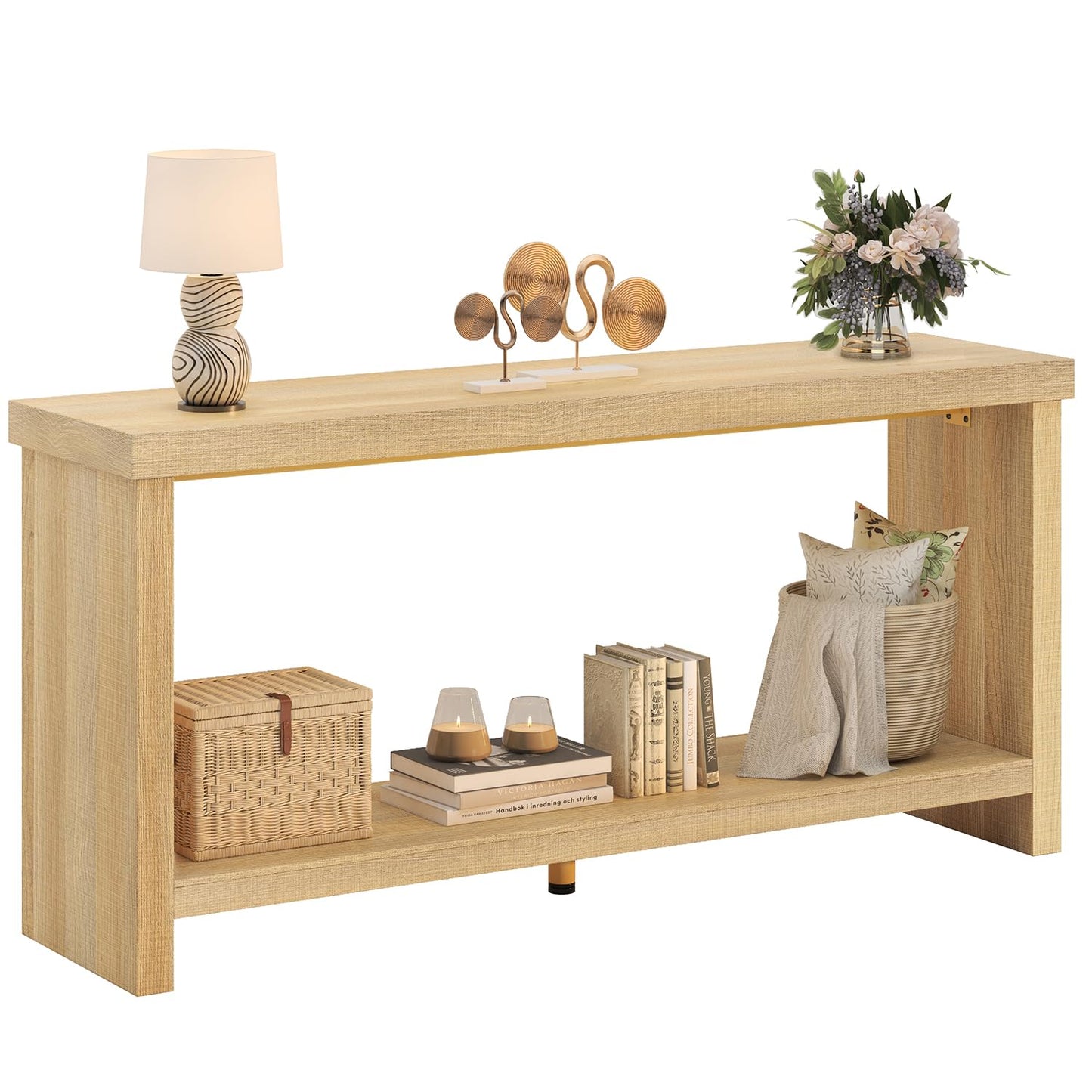 knoworld 63 Inches Narrow Console Table, 2-Tier Long Sofa Tables Behind Couch Table, Farmhouse Foyer Tables for Entryway, Hallway, Living Room, Oak Natural