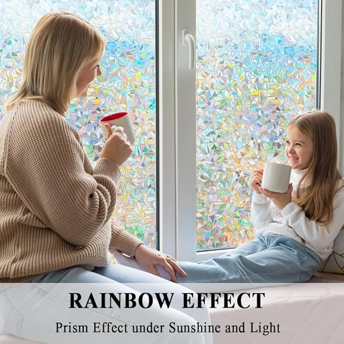 3D Prism Window Film,Transparent Decorative Glass Film Window Door Tint,Rainbow Effect Static Cling Heat Control Anti UV for Kitchen,Dining Room,Bedroom,Living Room,35 inches by 157 inches
