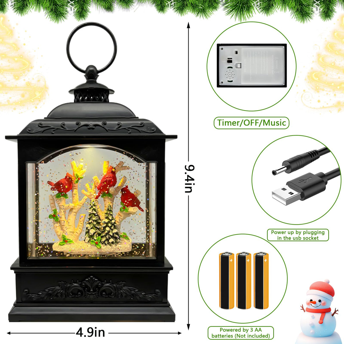 AOMIL Christmas Snow Globes Lantern with Music & Timer - USB/Battery Operated LED Glittering Globe Lantern, Snow Globe Decoration for Home Holiday Decor (Red Robin)
