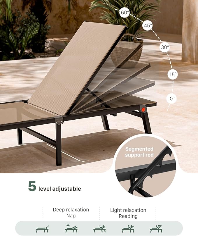 Aluminum Chaise Foldable Patio Lounge Chair Outdoor, Metal Deck Lounger Adjustable 5-Position Recliner Pool Chase Breathable Full Flat Outside Sun Tanning Chairs for Beach/Poolside/Lawn(Khaki, 1 Pack)