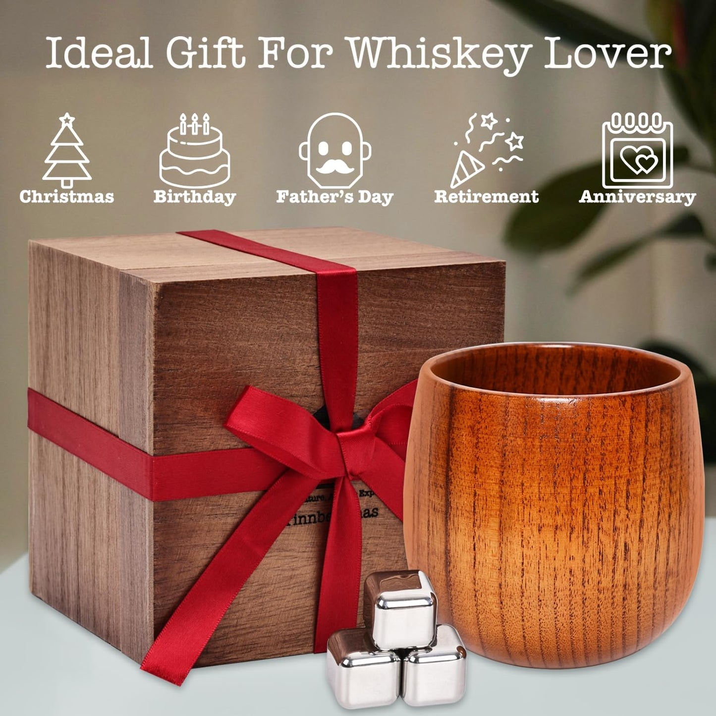 Tinnberlohas Wooden Whiskey Glasses Set of 2 – Durable Bourbon Glass for Men, Insulated Old Fashioned Glass – Whiskey Gifts for Husband, Dad, Brother – Birthday, Christmas, Father’s Day, Retirement