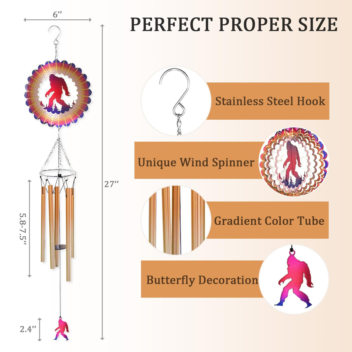 AZEEBOI Wind Chimes for Outside with Bigfoot Wind Spinner, Unique Big Foot Wind Chime Gifts for Men Dad Grandpa Brothers Friend Fathers Day Birthday, Sasquatch Windchimes Outdoor Garden Yard Decor
