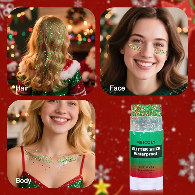 MEICOLY Red and Green Face Body Glitter Stick for Christmas,Hair Glitter Stick for Kids Women,Sparkle Christmas Glitter Makeup,Stocking Stuffers for Women Kids,Chunky Face Glitter for Festival Party