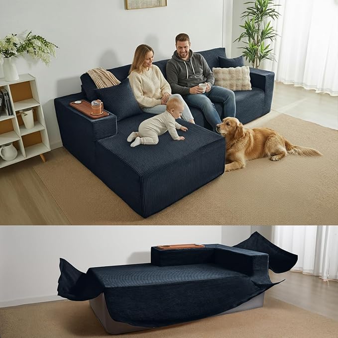 Modular Sectional Sofa Cloud Couch with Multi-Functional Armrests, Boneless Plush L-Shape Living Room Couch with Deep Seat, Fluffy Comfy Sleeper Sofa Easy Assembly (Black, Right Chaise)