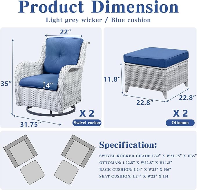 Belord 4 Pieces Patio Furniture Sets, Wicker Patio Swivel Glider Chair with Ottomans, Outdoor Furniture Set for Outside Porch Deck Balcony, Light Grey