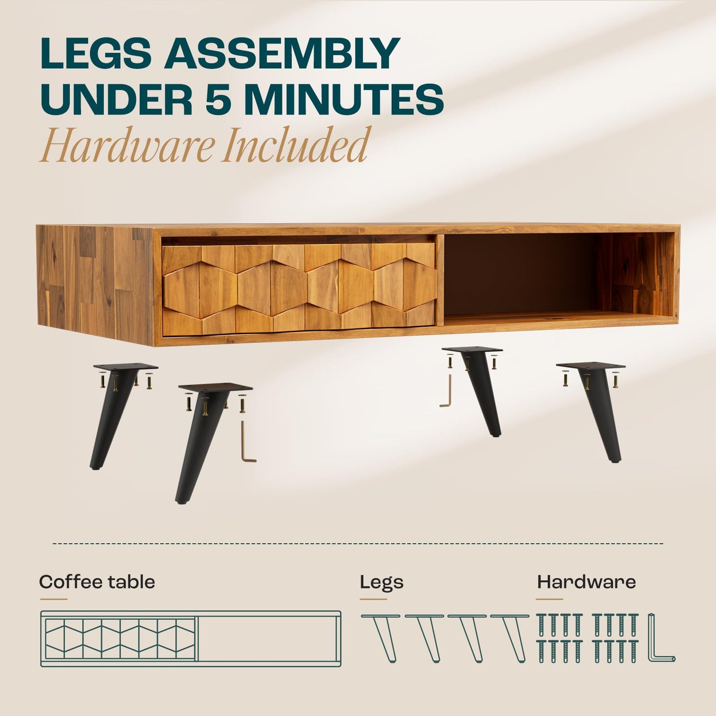 Bme Georgina Solid Wood Coffee Table, 2 Drawers & Open Shelves, Mid Century Modern Center Table, 110 cm, Teak Brown, Pre-Assembled