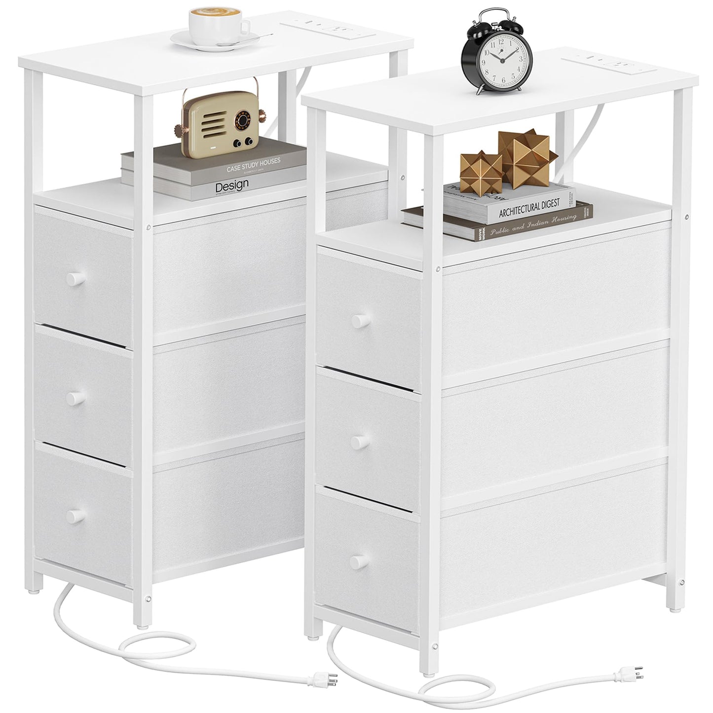 TUTOTAK Narrow Night Stand with Charging Station, Slim End Table with Plugins, Tall Side Table with 3 Fabric Drawer, Small Bedside Table with Storage, Set of 2, Living Room, Bedroom, White TB01BW073