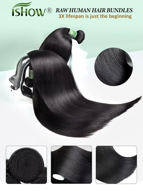ISHOW Raw Human Hair Bundles, 100% Unprocessed Virgin Human Hair, 15A Straight Premium Quality Bundles Producer, 10 Inch Single Bundle, Long Lasting, Color 1B